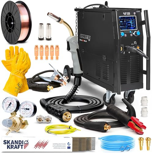Spartus EasyMIG 325 - Soldador Inverter Profesional 300A - Sinergia Total - MIG/MAG, MMA, TIG-LIFT - Regulación de Inductividad - 2T/4T, Euroconector, Chasis Rodante - Set Basic