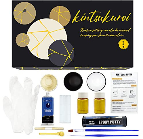Kintsugi Kit de reparación de cerámica Kintsugi Craft Repare su significativa cerámica con pegamento en polvo dorado y plastilina epoxi, kit de reparación de cerámica Kintsugi con dos tazas de