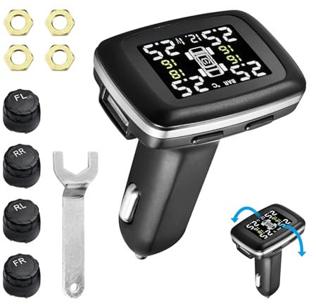 Reifendruckkontrollsystem, Auto TPMS Reifendruckkontrollsystem Zigarettenanzünder-Display mit 4 Externen Reifendrucksensor und 6 Alarmmodi, 0-50 PSI