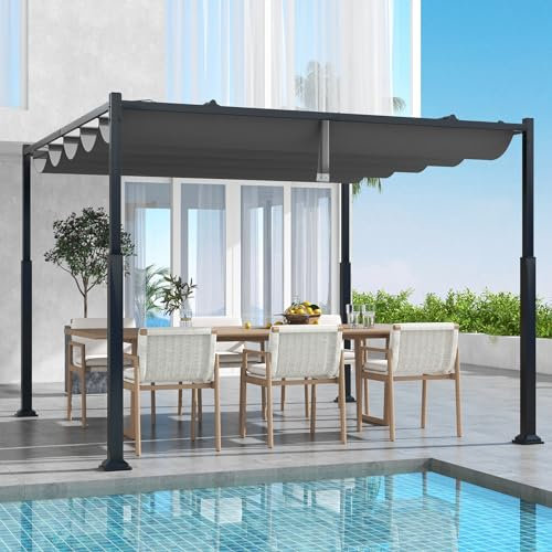 GOPLUS Pergola Terrasse 3,1 x 3,1 M avec Auvent Rétractable Coulissante, Pergola Extérieure en Métal Robuste avec Pare-Soleil avec Piquets de Sol, pour Cour, Terrasse, Jardin, Porche, Gris