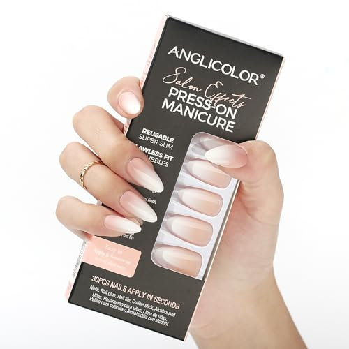 Anglicolor Press On Nails,Press-On-Nägel mit French Tip, Press-On-Nägel kurz, kurze Mandelnägel, 30 Stück weiche Gel-Kunstnägel in 15 Größen (A110, 30 Stück)
