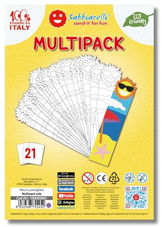 Sabbiarelli – Multipack Lesezeichen Sonne | Klebebögen für Sand Art | Enthält 7 Klebebögen A5 mit 21 identischen Lesezeichen | 100% Made in Italy | Workshops 5-9 Jahre | FARBSAND NICHT ENTHALTEN