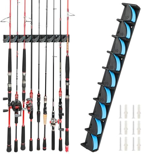 SAN LIKE Porta Canne da Pesca, Supporto canne da pesca 9 posizioni asta (verticale), Porta Canne da Pesca da Muro per Canne da Pesca per Garage, 1 confezione