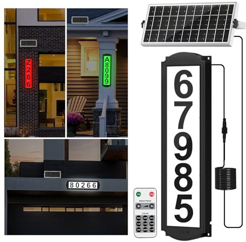Solar House Numbers with Separate Panel, T-SUNUS Address Sign for Outside Horizontal & Vertical Mounted, Waterproof LED Number Plaque Street Yard Mailbox Visitor Mailman 911 Ubereats (RGB&White 6000K)