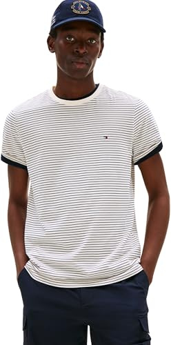 Tommy Hilfiger Herren T-Shirt Kurzarm Seasonal Solid Tee mit Rundhalsausschnitt, Mehrfarbig (Ivory Petal/Preppy Navy), XL