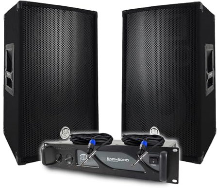Pack Sono DJ BM Bmsonic Amplificateur BMS2000 2000W, Paire d'Enceintes Passives BMS12 2x600W, Câbles, Sonorisation Pro