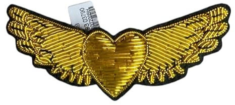 Broche brodée à la main en fil de cannetille, motif cœur ailé doré, 6,8 x 2 cm