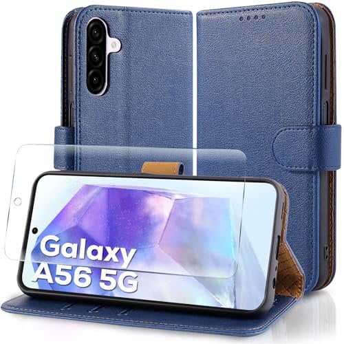 Case Collection for Samsung A56 5G Phone Case and Screen Protector - Leather Folio Flip [Kickstand] Shockproof Cover [RFID Blocking] Magnetic Wallet for Samsung Galaxy A56 5G Case Blue