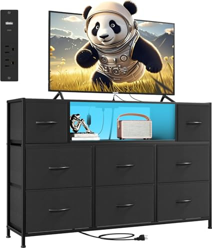 Somdot Chest of Drawers, Charging Station & Led, TV Stand, 8 Drawers, Black | Fabric Drawers Storage Unit, Adjustable LED Lighting, 2 AC Outlets 2 USB Ports, Open Shelf, Living Room, 29D x 117.6W x 75.1H