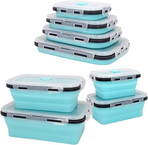 Mr.Gadget's Solutions 4 Pack Collapsible Silicone Food Storage Containers with Lids, Freezer & Dishwasher Safe, Foldable Lunch Box for Camper, Leftovers, Snacks, Meals-Blue