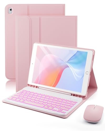 Custodia con tastiera per iPad 9a/8a/7a generazione e Air 3a generazione e | Cover da 10,2-10,5 per 9a/8a/7a generazione, Air 3a/Pro 10,5, 7 colori retroilluminati, portapenne integrato con mouse rosa