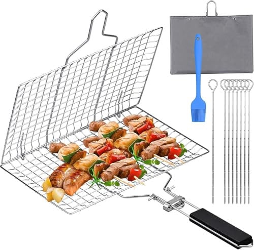 Fish Grilling Basket, Folding Portable Stainless Steel BBQ Grill Basket for Fish Vegetables Shrimp with Removable Handle for Fish Vegetables Steak with 8 BBQ fork, Storage Bag and Brush(32x 21.5cm)