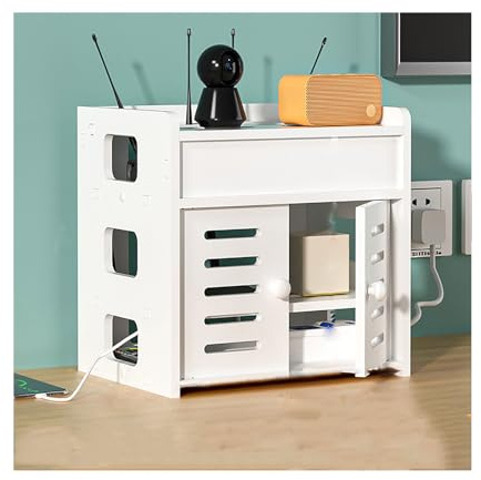 Caja de almacenamiento para enrutador WiFi, estante de madera de 2 capas con puerta de armario, regleta decorativa y caja oculta de gestión de cables para organización de escritorio