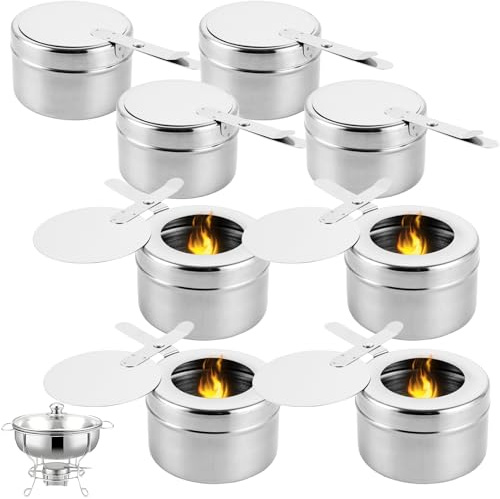 LOPYXBR 8 Stück Brennpastenbehälter Edelstahl, Brennpastenbehälter mit Deckel, Fondue Brenner, Brennpaste Behälter für Buffet, Hot Pot, Dry Pot Cuisine, Camping, Wandern, Outdoor