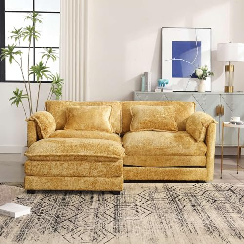 KOMHTOM Canapé 2 Places en L avec Repose Pieds Amovible et 2 Coussins de Dossier, Canapé Modulable Salon avec Poche Latérale et Cadre en Bois, canapé d'angle Moderne (Jaune)