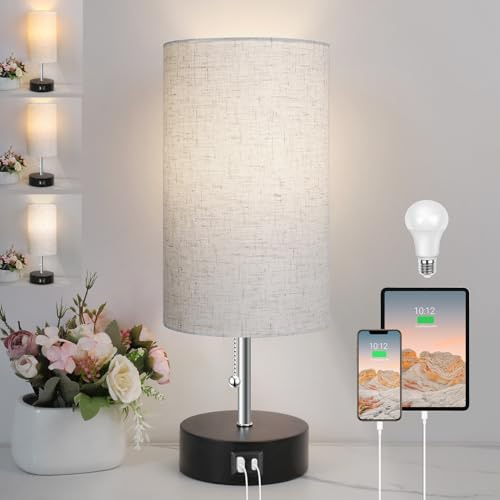 ROTTOGOON 3 Farben Temperatur Nachttischlampe mit USB A und C Anschluss Tischlampe für Schlafzimmer mit LED Glühbirne Kleine Lampen für Wohnzimmer (Otmeal)