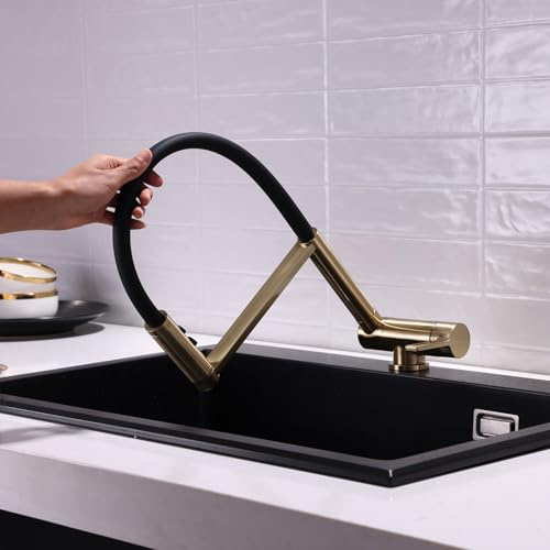 Grifo Cocina Abatible Oro Cepillado Grifo Cocina Fregadero Extraible Flexible Plegable 180° y Caño Giratorio 360°