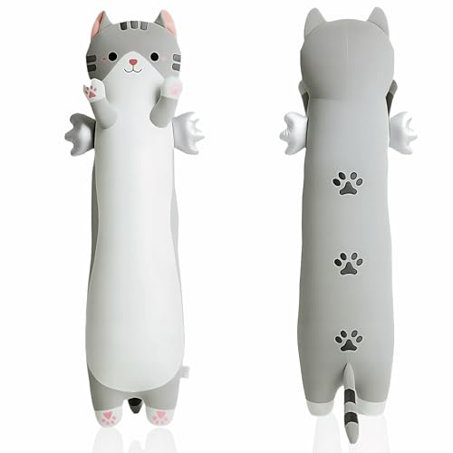ZOMAXTOY Long Cat Plush Pillow with Wings Soft Kitty Stuffed Animal Toy Giant Cuddly Kitten Cushion for Kids Adults Bedroom Decor (Gray, 90cm/35.43in)