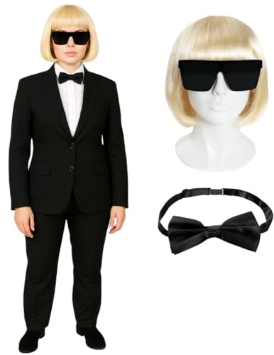 Erwachsenenkostüm-Set Pop Diva - Blonde Bob Perücke, Brille, schwarzer Anzug & Fliege Verkleidung Outfit für Halloween, Promi-Partys & Themenveranstaltungen