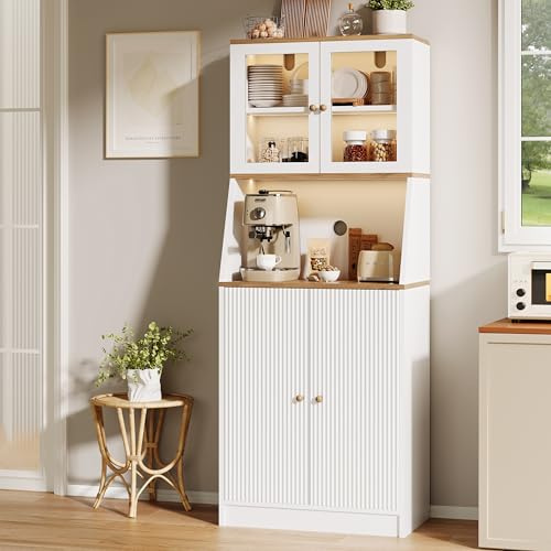 MASAJIA Küchenschrank Hoch mit LED-Licht, Buffetschrank mit Türen & Arbeitsplatte, Hochschrank Vorratsschrank für Küche Esszimmer Wohnzimmer, 70x40x180 cm (Weiß)