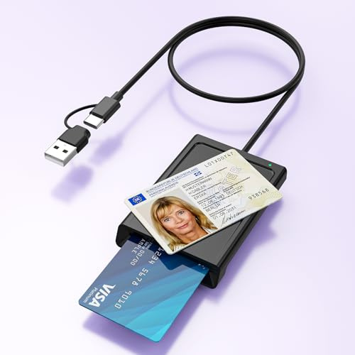 2IN1 USB-A & USB-C Chipkartenleser mit NFC, USB Smart Card Reader Kartenlesegerät DOD Military Kartenleser für den neuen Personalausweis Bankkarten kompatibel mit Windows, Linux, Android,95cm Kabel