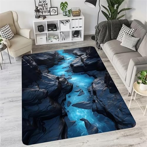 USHIRUG Optische Täuschung Teppich, 140x200cm, 3D-Gedruckte Schwarze Felsen Blauer Fluss Naturlandschaft Wohnzimmerteppich, Waschbarer, Rutschfester Teppiche für Eingangsbereich, Schlafzimmer