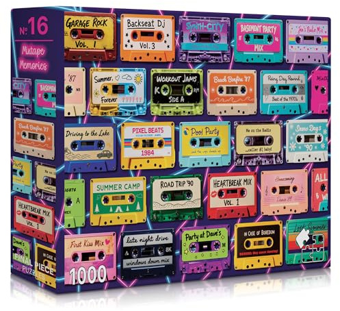 Mixtape Memories (#16) – 1000 Piece Jigsaw Puzzle for Adults - Final Piece | Printed In The USA | Satin Low-Glare Finish | Random Ribbon Cut | Bonus Poster | Display-Worthy Box | Retro Cassettes