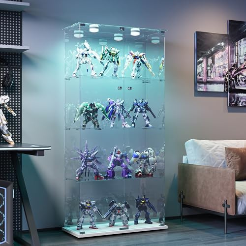 BPKADHY Glasvitrine Standvitrine mit LED,Modern Glas Vitrinenschrank für Sammlerstücke Bücher Wein,4 Glasböden & 2 Türen abschließbar,163x78x35 cm, Weiß (Weiß, 2 Tür 4 Lagen LED-A)