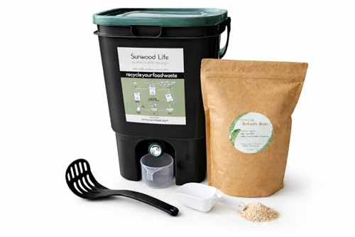 Sunwood Life Bokashi-Komposter für den Innenbereich, 1 kg, Premium-Bokashi-Kleie inklusive, Verwandeln Sie Ihre Küchenabfälle einfach in Nährstoffe für Ihre Gartenerde (schwarz)