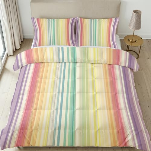Meugesoi Bunt Streifen Bettdecke Ohne Bezug 135x200 cm, 4 Jahreszeiten Bettdecken mit 2 Kissenbezug 80x80 cm Regenbogen Gestreift Steppdecke Ganzjahresdecke - Waschbar Weiche Bettzeug