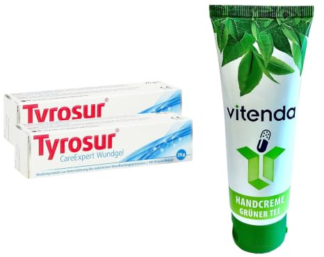 vitenda Set: Wundgel zur feuchten Wundheilung mit Tyrosur CareExpert, Hydrogel mit Dexpanthenol, 2x25g – inkl. vitenda Handcreme