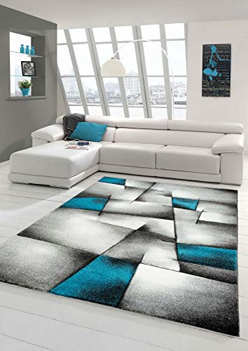 Teppich-Traum Designer Teppich - Moderner Wohnzimmer Kurzflor Mit Konturenschnitt Karo Muster - Türkis Grau Weiß Schwarz - Größe 200 x 290 cm