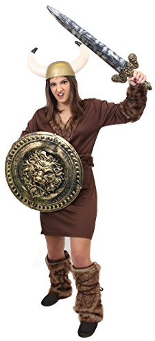 I LOVE FANCY DRESS WIKINGER FRAUEN KOSTÜM +SCHWERT +GOLDENEM HELM MIT HÖRNER = VERKLEIDUNG RAGNAR KLASSE=TUNIKA+GÜRTEL+ARM BINDEN +STULPEN=GAME OFF THRONES FASCHING KARNEVAL = XXLARGE