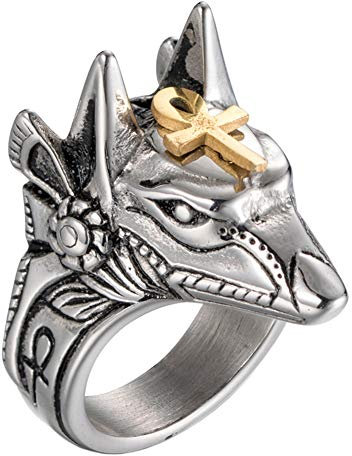 PAURO Herren Anubis Amulett Wolf Kopf Ring Aus Edelstahl Alten Ägyptischen Gott Mit Gold Ankh Kreuz Größe 65