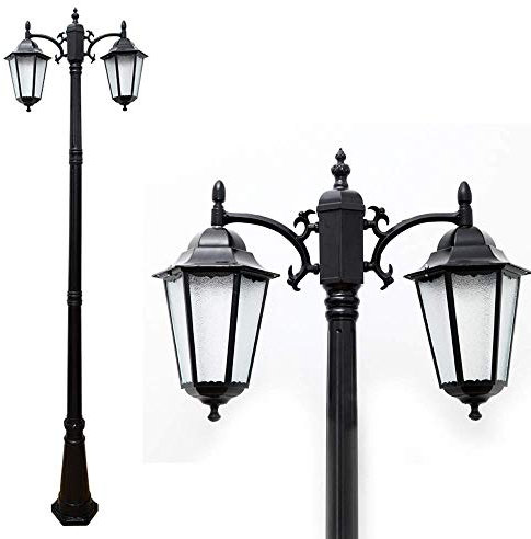 Mastleuchte 2-flammig schwarz E27 Außen Wasserdicht IP44 Aluminium-Druckguss und Glas Lampenschirm 225 cm hoch Kandelaber Strassenlaterne Terrasse Rasen Gartenleuchte im Freien Wegleuchte