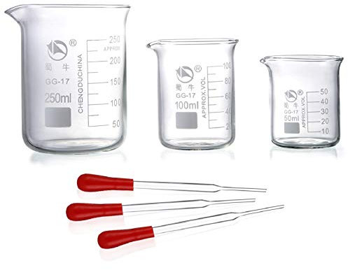 Yizerel Glass Beakers, Pack of 6 Low Form Glass Measuring & Droppers Set, 3 Graduated Griffin Beakers in 3 Sizes with Scales, 250ml, 100ml, 50ml, 3 Droppers Without Scales (3ml per Drop)