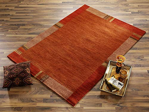 Steffensmeier Nepal Teppich Jhawani | Wolle (Schurwolle),Bordüre Rot, Größe: 70x140 cm, Wollteppich für Wohnzimmer und Schlafzimmer