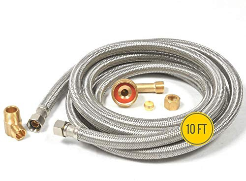 Dishwasher Water Hose Kit (10 FT) - Universal Fit to All Dishwasher Brands - Braided SS Dishwasher Water Supply Line - 3/8 Comp x 3/8 Elbow & All Fittings Included