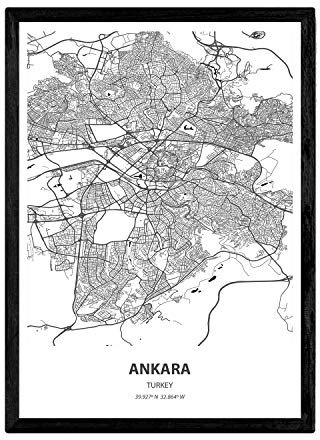 Nacnic Poster mit Karte von Ankara - Türkei. Blätter Naher Osten Städte mit Meeren und Flüssen in schwarz und weiß. A3