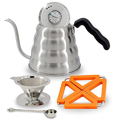 Kitchen Science Gooseneck Kettle w/Built-In Thermometer (40oz/1.2L), Pour Over Kettle that Comes w/Coffee Filter, Coffee Scoop & Kettle Coaster | 100% Stainless Steel, Leak & Rust Proof Tea Kettle