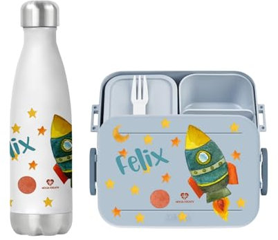 wolga-kreativ Trinkflasche Kinder 500ml personalisierte Edelstahl Thermoflasche und Brotdose Kinder Mit Fächern - Rakete Design, Ideal für Kindergarten & Schule, Personalisiertes Geschenk Mit Namen
