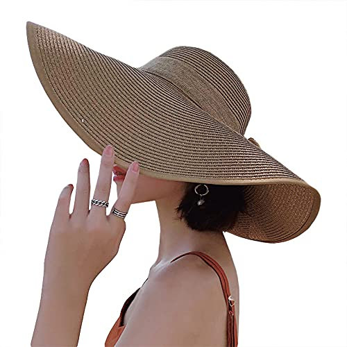 G-LIKE Damen Sonnenhut Sommerhut Strandhut – Eleganter Faltbarer Strohhut Outdoor Sonnenschutz Leichter Damenhut Sommer UV-Schutz UPF 50+ Breite Krempe Hut mit Schleife für Frauen Mädchen (Khaki2)