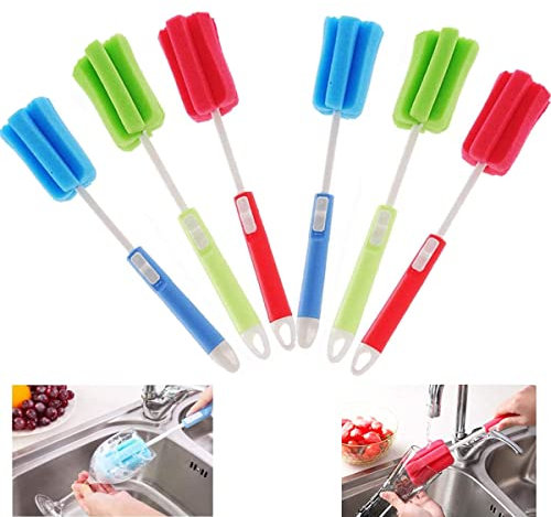 Flaschenbürste,Forreen 6 Stück Flaschen Reinigungsbürste mit Einstellbar Langen Griff Schwamm Babyflaschen Bürste Küchenbürste für Babyflasche Tassen Kessel Weingläser (Rot, Blau, Grün)