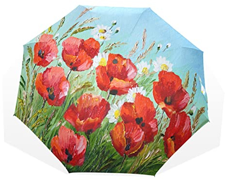 TropicalLife Regenschirm, Mohnblume, Gänseblümchen, Blumen, Blätter, winddicht, 3-fach gefaltet, für Damen, Herren, Mädchen, Jungen, Unisex, ultraleicht, Outdoor-Reisen, kompakter Regenschirm