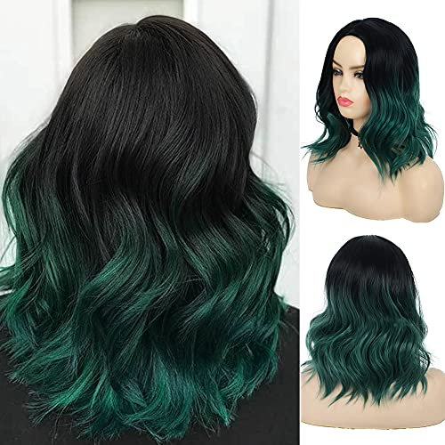 Baruisi Damen-Perücke mit Perückenkappe in Grün-Schwarz, mittellang, lockig, gewellt, synthetisch, Seitenscheitel, Halloween, Cosplay-Perücke