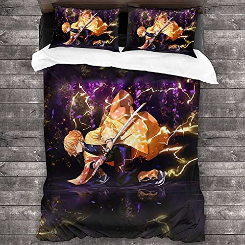 ANSSON Demon Slayer Anime Kinder Bettwäsche Kamado Tanjirou Bettbezüg und 2 Kissenbezug,Zenitsu Schlafzimmer dekorative Bettwäsche-Sets (135x200cm+80x80cmx2, Zenitsu3)