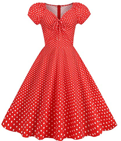 Wellwits Robe vintage pour femme avec devant plissé, Motif à pois, Pois blancs en rouge., 36