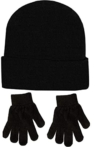 Children's Kids Girls Boys Stretchy Thermal Lined Plain Black Hat And Gloves 6 to 12 Yeas Approx Size for Winter Autumn