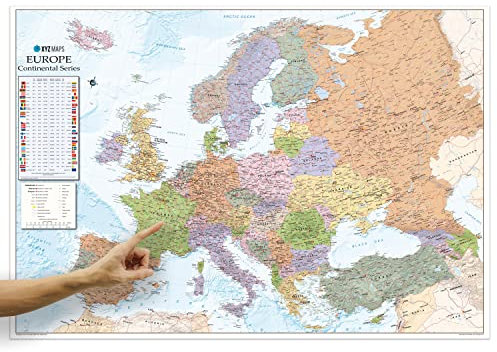 ORBIT GLOBES & MAPS - Politische Europakarte in englisch als Poster, Karte von Europa ca. 125x87cm: Maßstab 1:4.600.000 Mio., Landkarte Europa mit Flaggen und Einwohnerzahlen, Stand aktuell