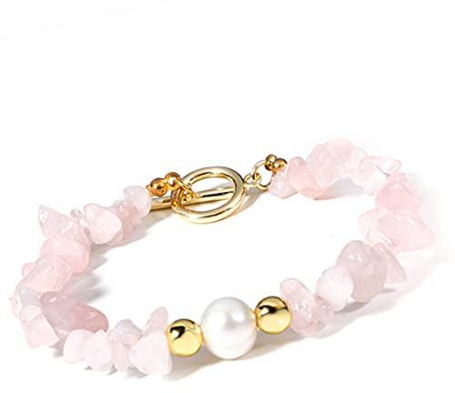Manfnee Bracelet élastique de Rose Quartz Pierre Naturelle Irrégulière Yoga Méditation Femme